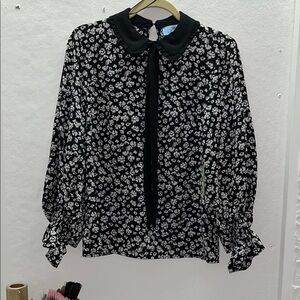 Black Floral Print Ruffled Blouse